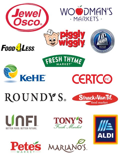 Retail partner logos including Jewel-Osco, Aldi, Mariano's, and more